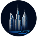 Logo circular negro con edificios plateados con sombras azules de la empresa DSR3Corp